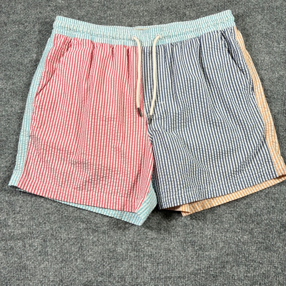 American Eagle Seersucker Swim Trunks Mens M Multicolor Stripe 5 Inseam Lined